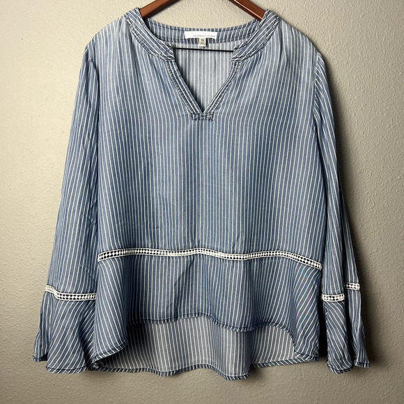 Fourteenth Place Blouse Women XXL Blue Striped Long‎ Sleeve Bell Sleeve V Neck - Picture 1 of 8